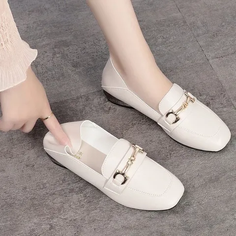 2024 Spring Summer New Women Square Toe Loafers Patent Leather Chunky Heel Fashion Soft Sole Horsebit Buckle Low Heel Slip On Shoes