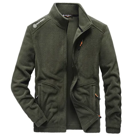 Men Casual Polar Fleece Jacket Stand Collar Thick Warm Full Zip Outerwear Loose Winter Coat Polyester Jackets For Outdoor Everyday Wear