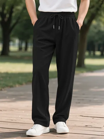 Men's Casual Corduroy Pants American Street Style Solid Color Straight Fit Drawstring Waist Outdoor Sport Trousers For Men