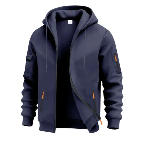Sudadera con Capucha de Vellocino Pesado para Hombre Cremallera Completa Ropa de Trabajo Americana Bolsillos Múltiples Manga Larga