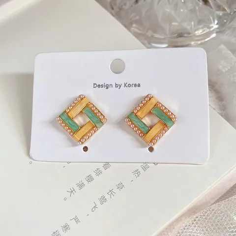 Pendientes de botón vintage franceses de esmalte y perlas artificiales con poste de plata de ley 925 aleación para mujeres