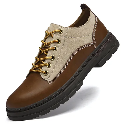 Vintage Cowhide Colorblock Men Work Shoes Leather Business Casual Elevator Shoes With 5cm Height Increasing Rubber Sole