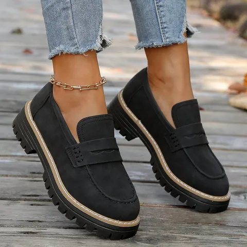 Women British Style Platform Loafers Microfiber Frosted Round Toe Casual Slip On Shoes Mid-Heel Non Slip Rubber Sole Flat Shoes