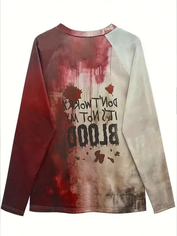 Women Halloween Long Sleeve V-Neck T-Shirt Artistic Blood Splatter Graffiti Print Pullover Top Casual Autumn Festive Apparel