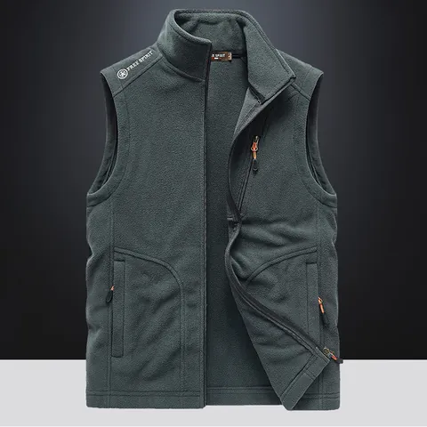Men Outdoor Polar Fleece Vest Lightweight Stand Collar Full Zip Sleeveless Jacket Multi Pockets Utility Waistcoat Warm Top