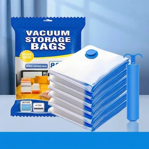 Transparent Blue Edge Vacuum Compression Bags For Quilts Clothes Reusable Space Saving Seal Storage Bags For Home Travel
