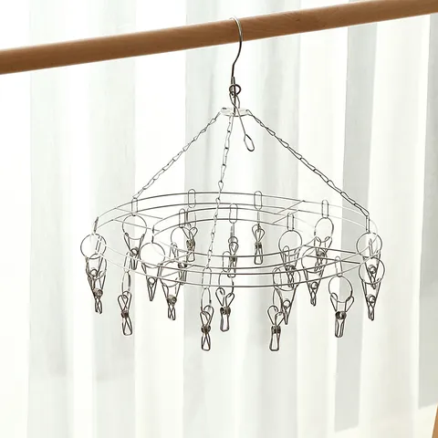 Stainless Steel Round Laundry Drying Rack Multi-Clip Windproof Hook For Socks Underwear Baby Clothes Home Drying Hanger