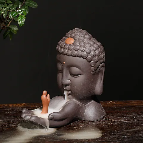 Zen Boeddhahoofd Backflow Wierookbrander Paars Klei Zisha Rook Waterval Houder Aromatherapie Home Decor Zen Ornament Cadeau