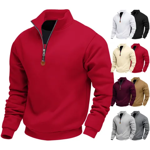 Men Heavyweight Fleece Quarter Zip Sweatshirt Stand Collar Solid Color Long Sleeve Pullover Casual Warm Top For Autumn Winter