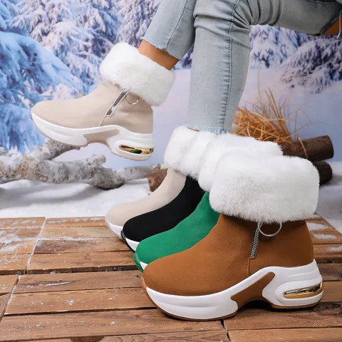 Stivali da Neve con Zeppa Interna da Donna 2025 Inverno Nuovi Stivali in Cotone Casual con Plateau Collo in Pelliccia Sintetica Cerniera Laterale Stivali Caldi