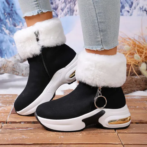 Stivali da Neve con Zeppa Interna da Donna 2025 Inverno Nuovi Stivali in Cotone Casual con Plateau Collo in Pelliccia Sintetica Cerniera Laterale Stivali Caldi