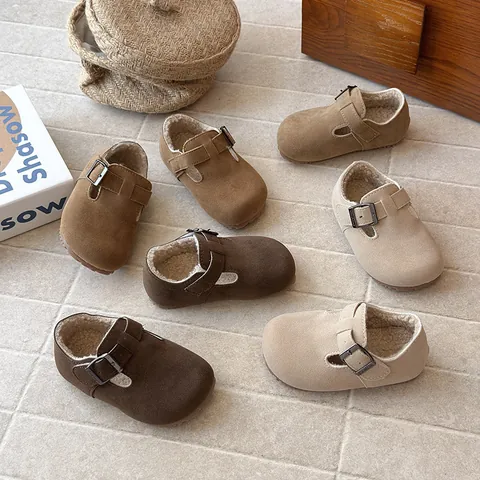 Παιδικά Δερμάτινα Παπούτσια Vintage Στυλ Birken 2026 Χειμώνας Ζεστά με Επένδυση Φλις Μοκασίνια Μαλακή Σόλα Casual για Αγόρια Κορίτσια