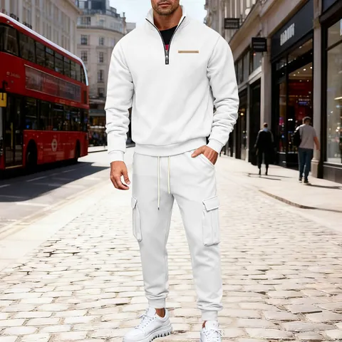 Heren Winter Fleece Gevoerd Half-rits Opstaande Kraag Pullover Sweatshirt En Cargo Broek Top En Bottom Casual Set