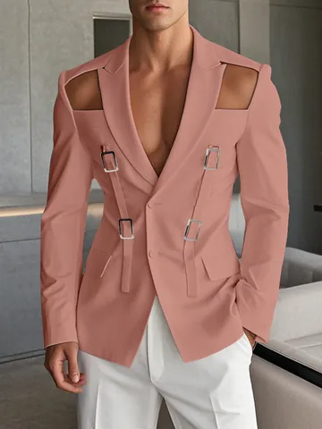 Blazer Aderente da Uomo con Spalla Traforata e Fibbia in Metallo Giacca da Completo per Spettacolo Stile Europeo Tinta Unita