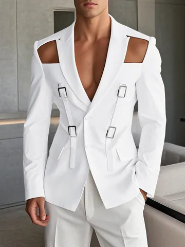 Blazer Aderente da Uomo con Spalla Traforata e Fibbia in Metallo Giacca da Completo per Spettacolo Stile Europeo Tinta Unita