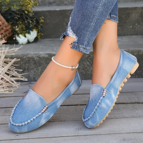 Dames Denim Canvas Loafers Metalen Gesp Slip-On Mocassins Ademend Comfortabel Casual Platte Driving Shoes Grote Maten