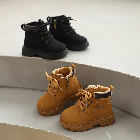 Kids Winter Martin Boots Artificial Leather Plush Lined Warm Short Boots For Boys And Girls Anti-Slip Side Zipper Toddler Boots