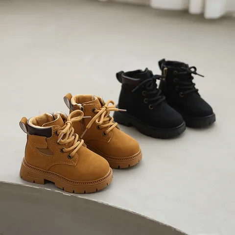 Kids Winter Martin Boots Artificial Leather Plush Lined Warm Short Boots For Boys And Girls Anti-Slip Side Zipper Toddler Boots