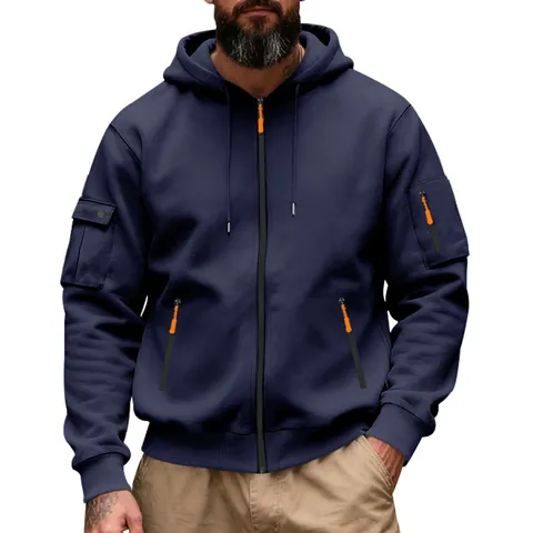 Men's Heavyweight Fleece Hoodie Jacket American Workwear Style Full Zip Up Sweatshirt With Multi Pockets Casual Sporty Coat