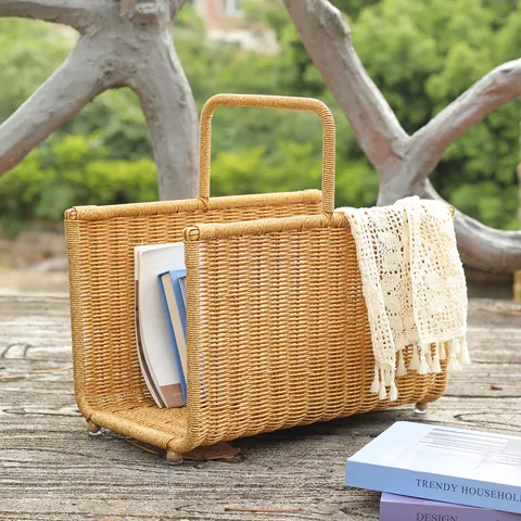 Portable Handheld Magazine Storage Basket Imitation Rattan Woven Book Organizer For Living Room Outdoor Japanese Style Plastic Basket