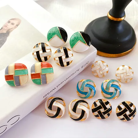 Pendientes de Botón Vintage Aleación Esmalte Con Poste Plata Ley 925 Calado Geométrico Redondo Cuadrado Retro Mujer
