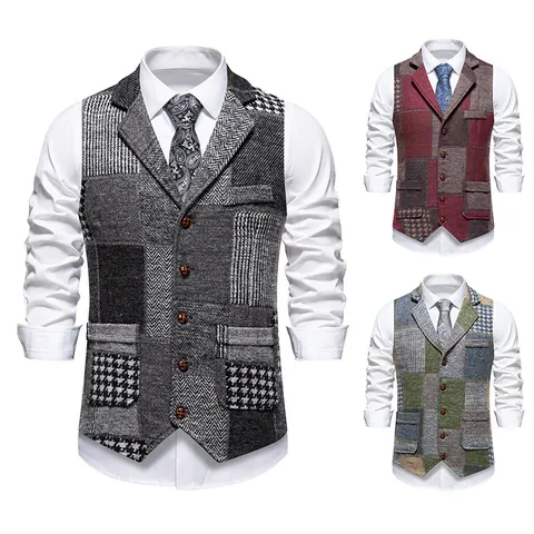 Gilet de Costume Patchwork Rétro pour Hommes Gilet Ajusté en Velours Côtelé à Carreaux Veste sans Manches à Col en V Style Britannique