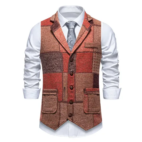 Gilet de Costume Patchwork Rétro pour Hommes Gilet Ajusté en Velours Côtelé à Carreaux Veste sans Manches à Col en V Style Britannique