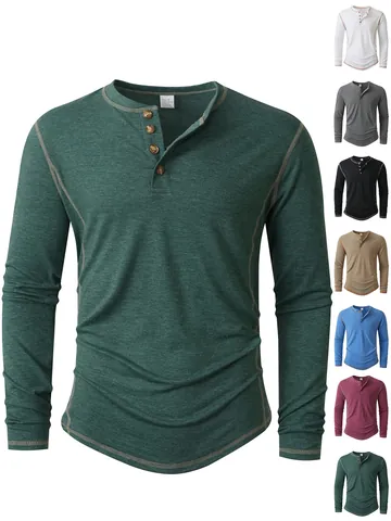 Heren Henley Shirt met Lange Mouwen Casual Slim Fit Contraststiksel Knoopsluiting Top Zacht Ademend Effen Kleur Pullover
