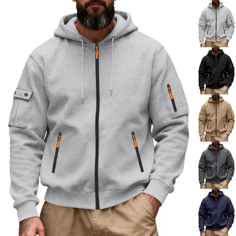 Men Heavyweight Fleece Hoodie American Work Style Full Zip Hooded Jacket With Cargo Pockets Warm Long Sleeve Sweatshirt
