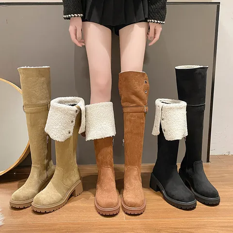 Damen Retro Blockabsatz Overknee Stiefel Western Ritter Stil Zwei-Wege-Tragen Wildleder Kunstfell Gefüttert Hohe Winterstiefel