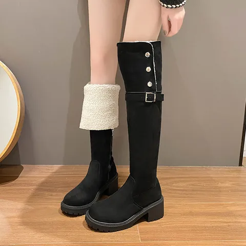 Damen Retro Blockabsatz Overknee Stiefel Western Ritter Stil Zwei-Wege-Tragen Wildleder Kunstfell Gefüttert Hohe Winterstiefel