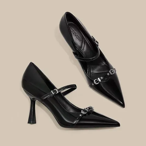 Zapatos de Tacón de Aguja para Mujer con Punta Estrecha Elegantes Mary Jane de Cuero PU con Hebilla de Metal Estilo Francés Vintage
