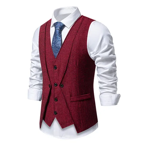 Chaleco de Hombre Vintage de Espiga Falso Dos Piezas Corte Entallado Cuello en V Botonadura Sencilla Chaleco de Esmóquin para Negocios Boda