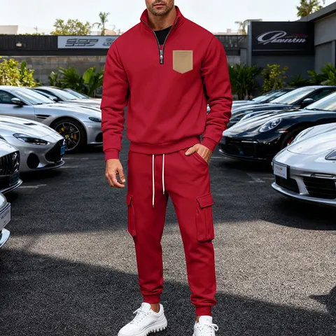 Men American Heavyweight Fleece Sweatshirt And Joggers Top And Bottom 1/4 Zip Stand Collar Pullover Cargo Pants Outfits