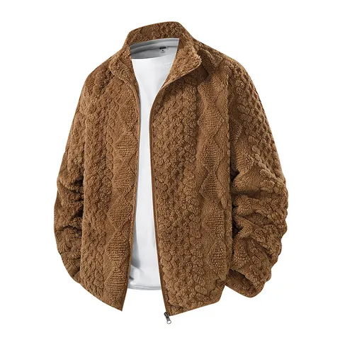 Men Thick Fleece Jacket Stand Collar Hooded Winter Coat Casual Solid Color Thermal Top Windproof Outerwear For Men
