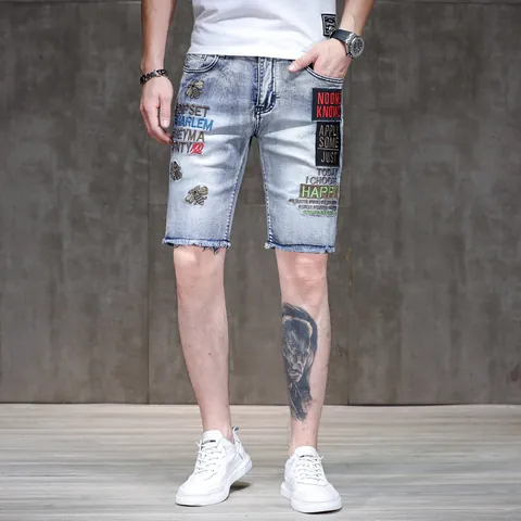 Men's Slim Fit Denim Shorts Light Blue Distressed Ripped Jeans With Bee Embroidery Patch Raw Hem Summer Casual Streetwear Top And Bottom