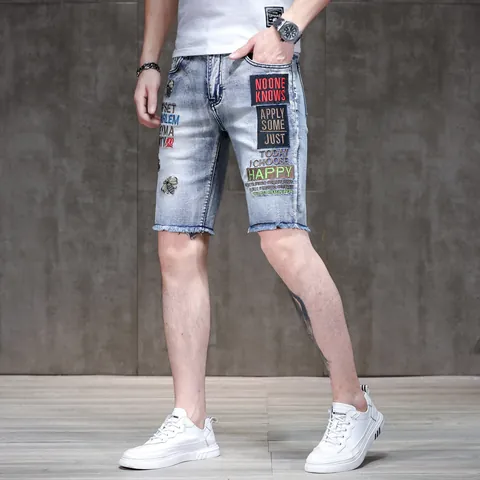Men's Slim Fit Denim Shorts Light Blue Distressed Ripped Jeans With Bee Embroidery Patch Raw Hem Summer Casual Streetwear Top And Bottom