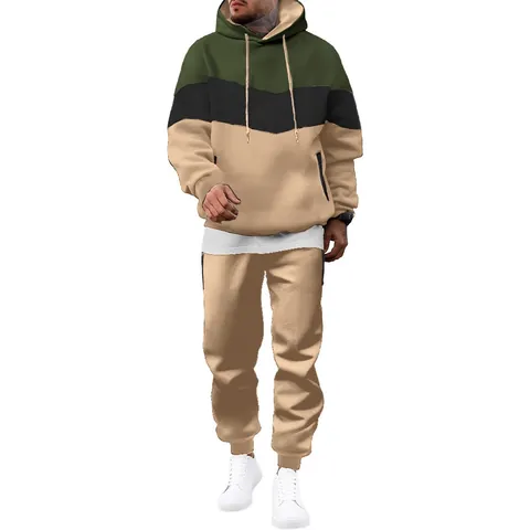 Men's Casual Color Block Hooded Sweatshirt Top And Bottom Set Loose Patchwork Fleece Hoodie Sporty Sweatpants Outfit