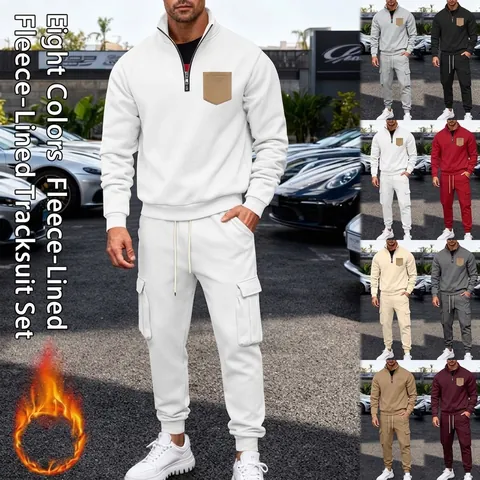Men American Heavyweight Fleece Sweatshirt And Joggers Top And Bottom 1/4 Zip Stand Collar Pullover Cargo Pants Outfits