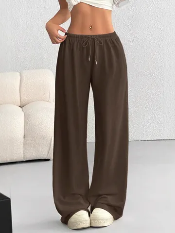 Women's Wide Leg Pants Polyester Spandex Drawstring Elastic Waist Casual Loose Knitted Full Length Comfortable Trousers