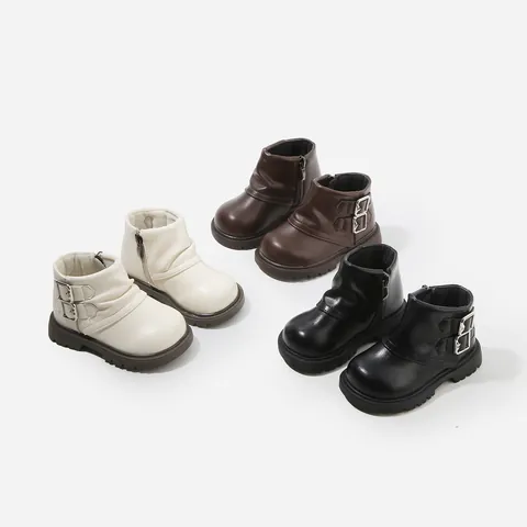 Stivali in Pelle alla Moda per Bambine Foderati in Caldo Pile Scarpe da Principessa Fibbia in Metallo Cerniera Laterale Antiscivolo