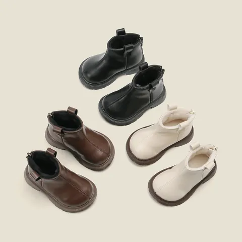 Bottines Martin pour Enfants Cuir Microfibre Hiver Chaudes Doublées Polaire Chaussures Antidérapantes Fermeture Éclair Arrière Garçons Filles Bottes de Mode