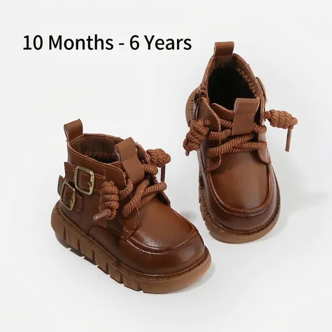 Bottines Martin Style Britannique pour Enfants Semelle Souple Antidérapante en Cuir avec Fermeture Éclair Latérale pour Garçons Filles Chaussures Chaudes d'Hiver