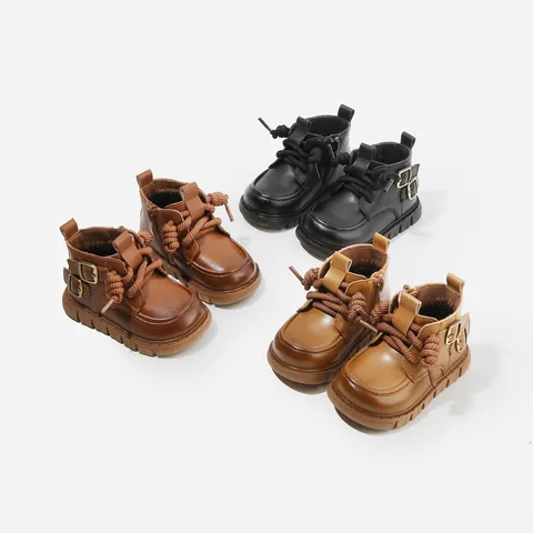 Bottines Martin pour Enfants Style Britannique Semelle Souple Antidérapante Chaussures de Marche pour Tout-petits Bottes en Cuir Synthétique avec Fermeture Éclair Latérale pour Garçons Filles