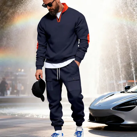Men Heavy Fleece Lined Cargo Hoodie And Sweatpants Set Stand Collar 1/4 Zip Winter Warm Urban Casual Top And Bottom