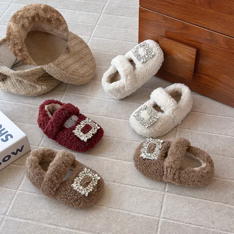 Mädchen Winter Warme Pelzige Prinzessin Schuhe Korallenvlies Strass Mary Jane Niedriger Absatz Wattierte Baumwollschuhe Kinder