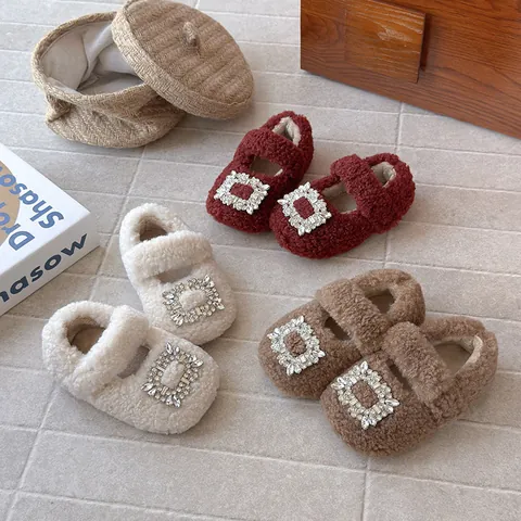 Mädchen Winter Warme Pelzige Prinzessin Schuhe Korallenvlies Strass Mary Jane Niedriger Absatz Wattierte Baumwollschuhe Kinder