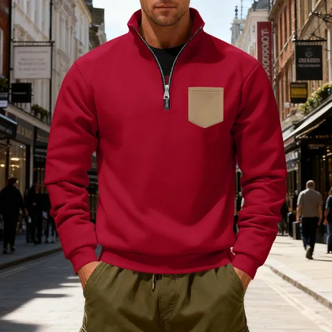 Men American Retro Heavyweight Fleece Sweatshirt Stand Collar Half Zipper Contrast Pocket Winter Warm Loose Fit Top