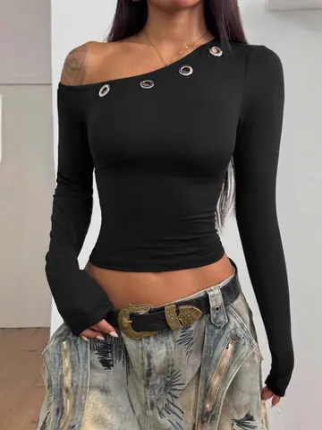 Women One Shoulder Crop Top Long Sleeve Solid Color Slim Fit T-Shirt With Metal Grommets Street Style Sexy Autumn Spring Tee Top
