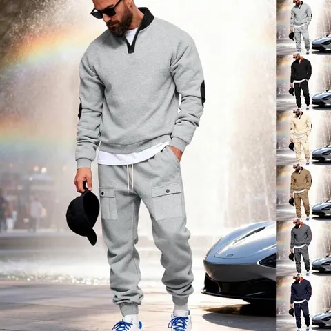 Men Heavy Fleece Lined Cargo Hoodie And Sweatpants Set Stand Collar 1/4 Zip Winter Warm Urban Casual Top And Bottom